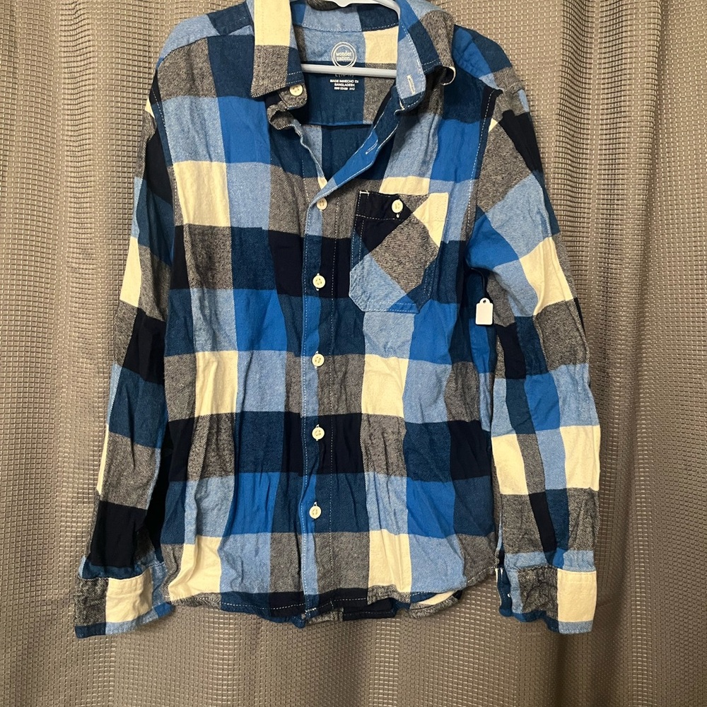 Wonder Nation Blue and White Plaid Kids Button Down Shirt